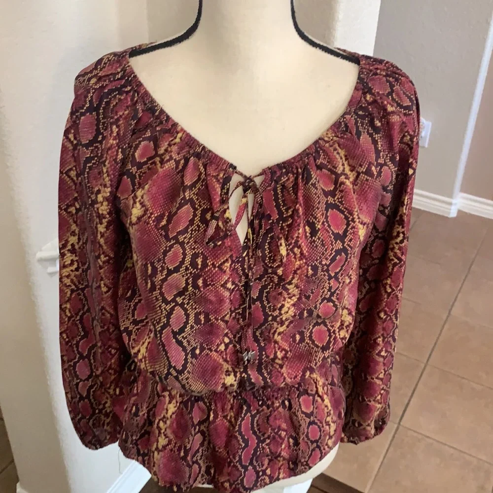 Michael Kors burgundy & blacks skin print peplum silk top Size XS
